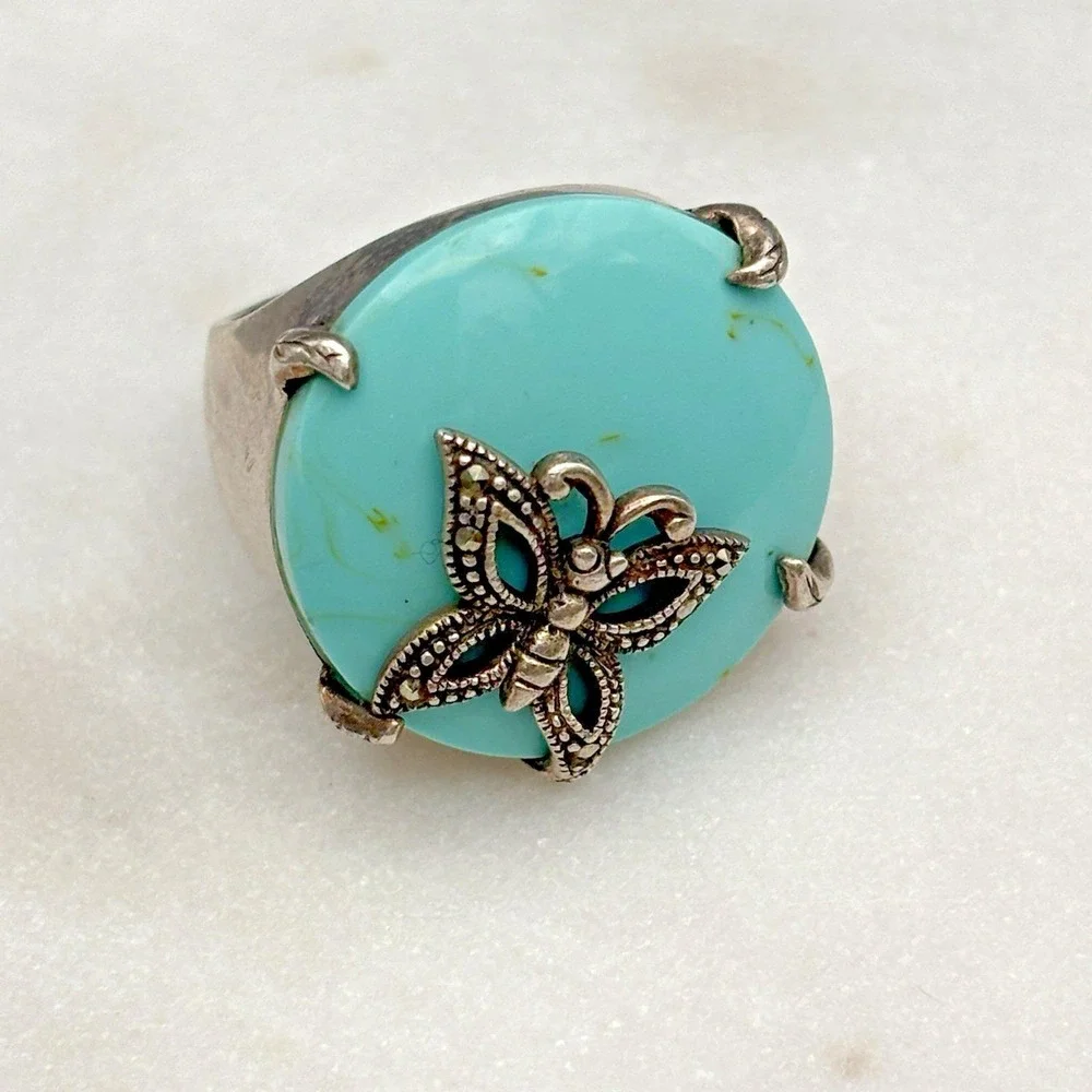 Vintage Sterling Silver Turquoise Butterfly Ring 925 Size 7 Marcasites Chunky